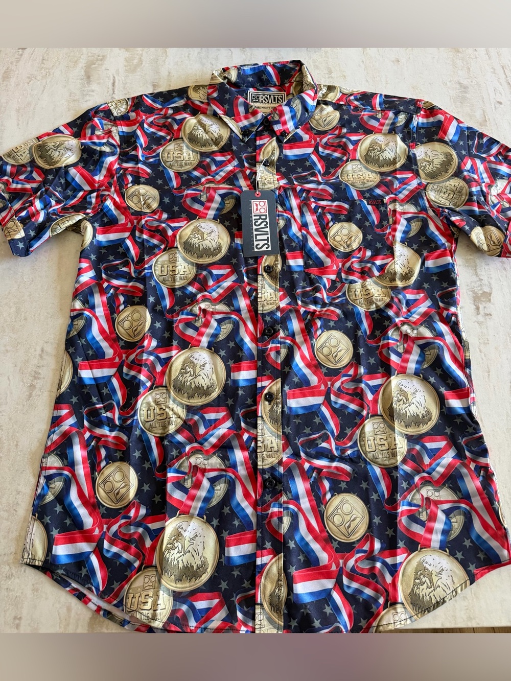 RSVLTS Roosevelts Short Sleeve Button Up Shirt Large Go For Gold Patriotic. New.